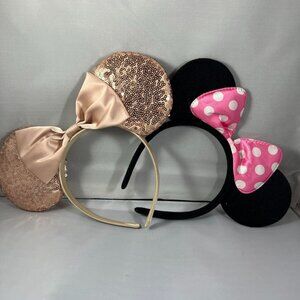 2 Minnie Mouse Ears Headbands - 1 Champagne with Sequins and 1 Black with Pink P